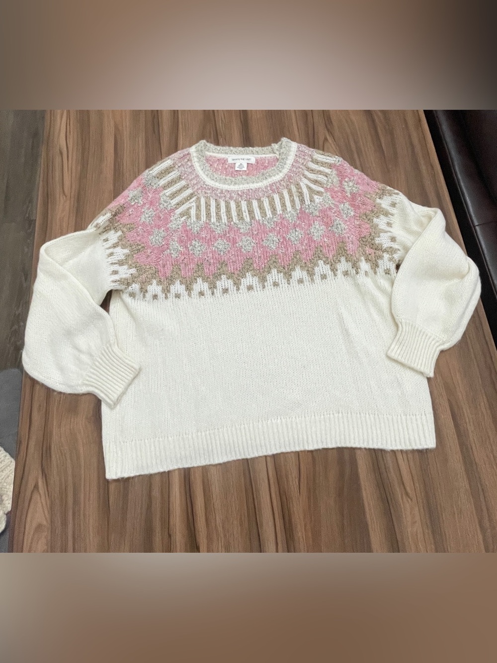 Skye's the Limit Cream Sweater with Pink and Tan Fair Isle Yoke XL